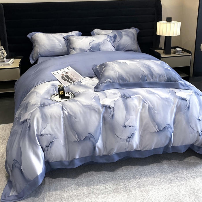 91家纺网 家纺一手货源 找家纺 优悦生活馆 2024新款轻奢天丝印花宽边拼角四件套系列-漫漫格调 漫漫格调-蓝