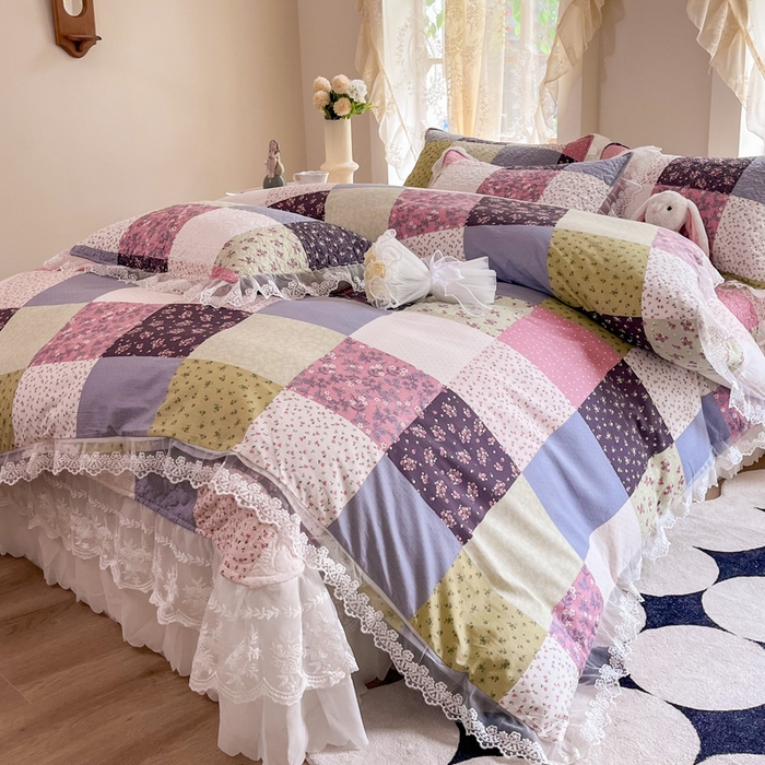 91家纺网 家纺一手货源 找家纺 添越 2024新款雪纺蕾丝款纯棉床盖四件套-百福格