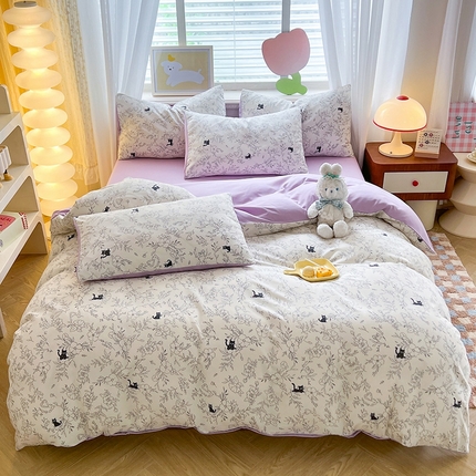 妖妖家纺 2024新款超柔软糯水洗云朵棉印花四季款四件套猫咪日记