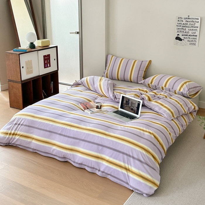 91家纺网 家纺一手货源 找家纺 恋尚羽家纺 2025新款A类母婴级印花全棉针织棉四件套 多彩条