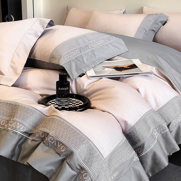 91家纺网 家纺一手货源 找家纺  【2024高端奢品】A类母婴级100支长绒棉四件套重工刺绣轻奢风拼接款澳棉简约床上用品   奥蒂斯-玉珠粉