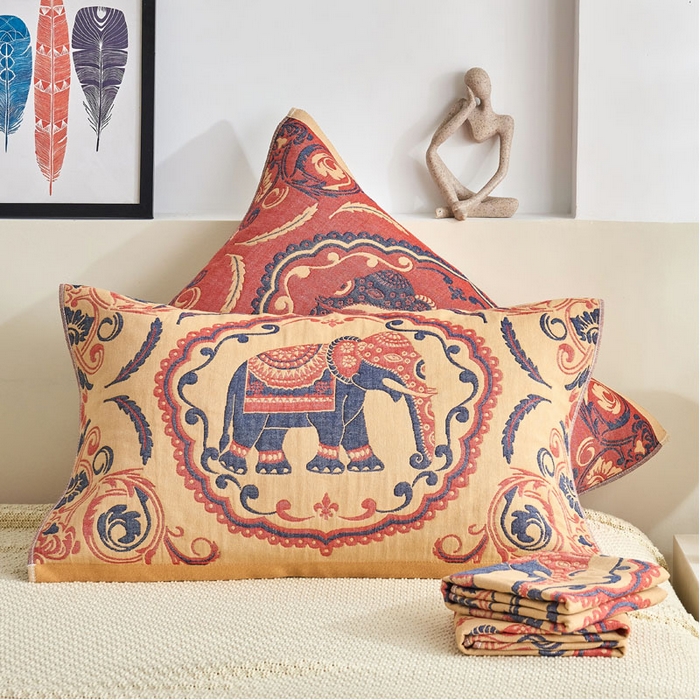 91家纺网 家纺一手货源 找家纺 朴尔毛巾被 2024年民族风彩棉系列四层纱布枕巾 印象派黄52*78cm/一对