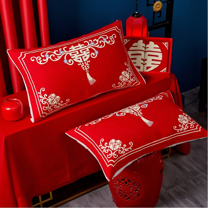 91家纺网 家纺一手货源 找家纺 朴尔家纺-毛巾被 2024年婚庆系列大红四层纱布枕巾 喜气洋洋 52*78/对