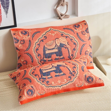 朴尔毛巾被 2024年民族风彩棉系列四层纱布枕巾 印象派橘52*78cm/一对