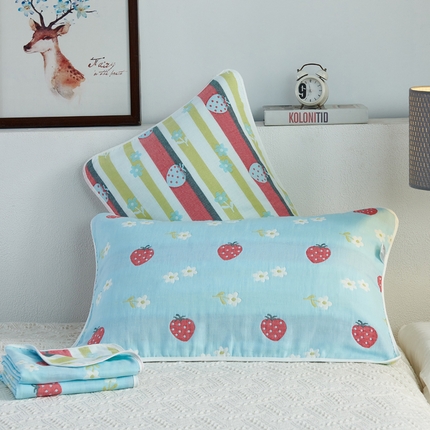 朴尔2024新款六层纱布全棉循环小花型枕巾50*80cm一对 甜甜草莓兰枕巾