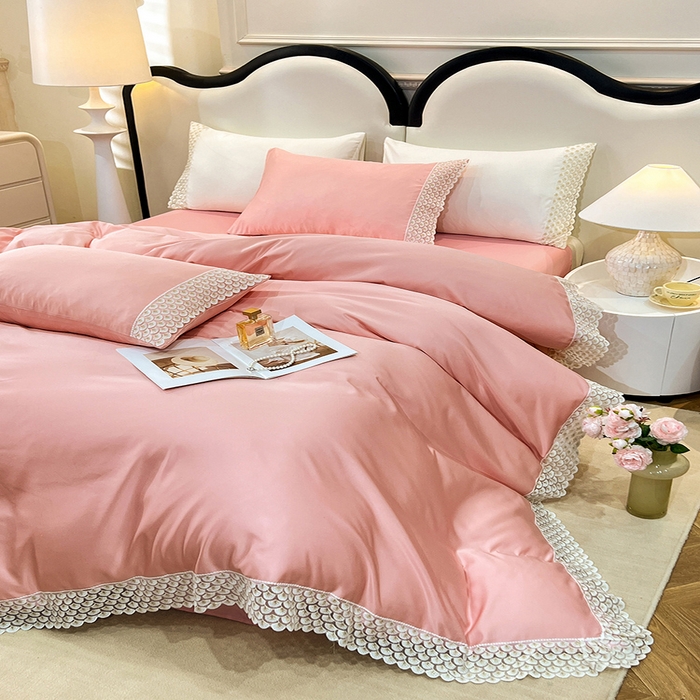 91家纺网 家纺一手货源 找家纺 艾米家居 2025水洗真丝鱼鳞边艾琳系列 艾琳豆沙