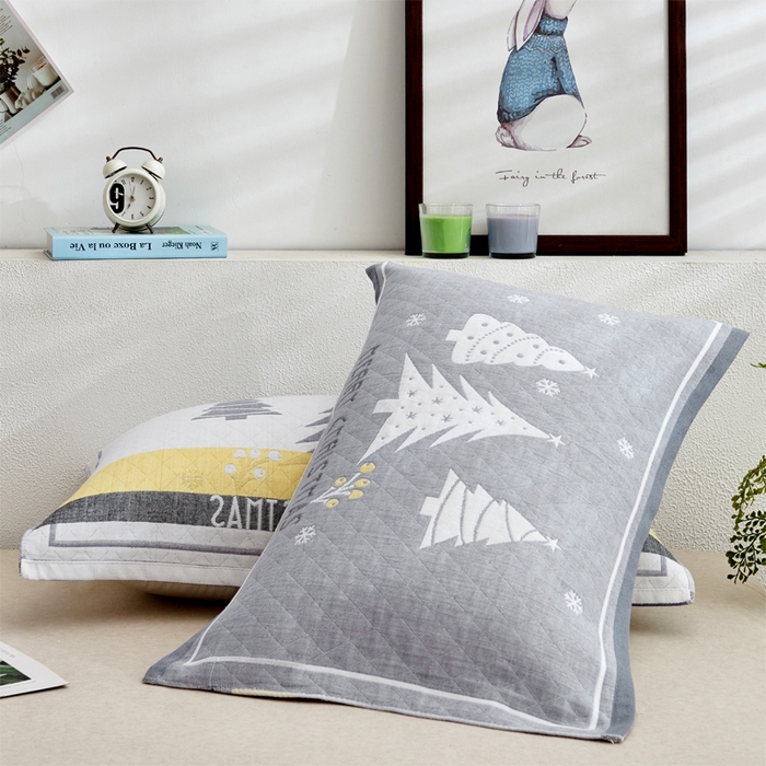 91家纺网 家纺一手货源 找家纺 朴尔家纺 2024新款混纺三层纱布枕巾 圣诞树-灰 52*78/对