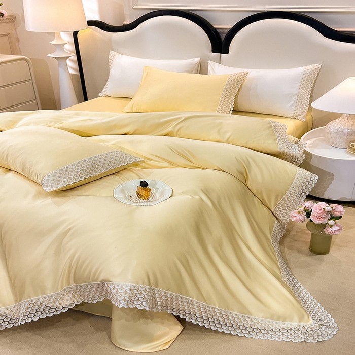 91家纺网 家纺一手货源 找家纺 艾米家居 2025水洗真丝鱼鳞边艾琳系列 艾琳黄