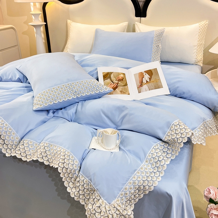 91家纺网 家纺一手货源 找家纺 艾米家居 2025水洗真丝鱼鳞边艾琳系列 艾琳天蓝