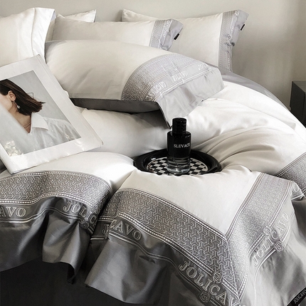 91家纺网 家纺一手货源 找家纺 （总）【2024高端奢品】A类母婴级100支长绒棉四件套重工刺绣轻奢风拼接款澳棉简约床上用品  