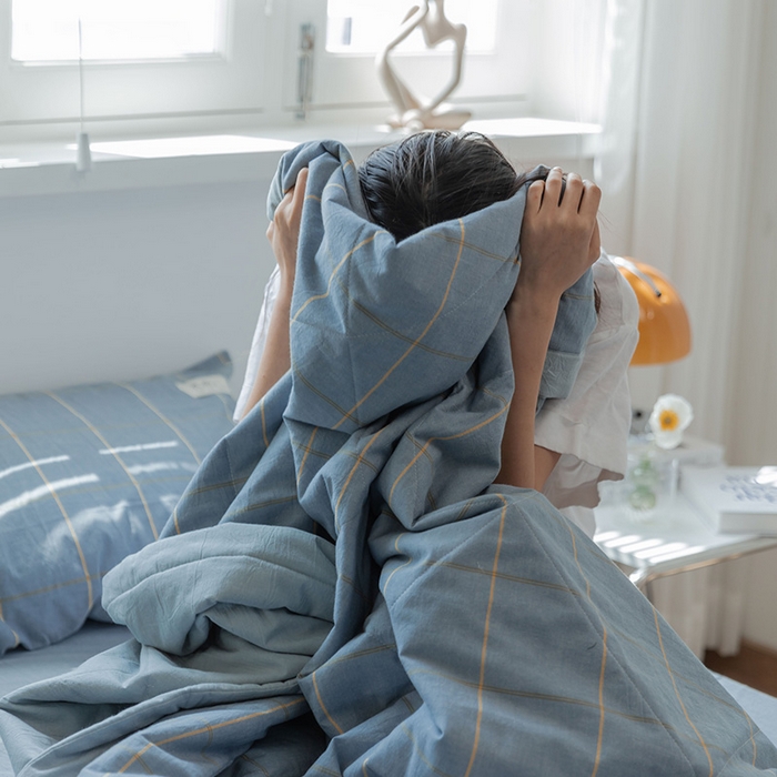 91家纺网 家纺一手货源 找家纺 20%大豆纤维 A类水洗棉夏被四件套夏凉空调被北欧良品-金线格蓝