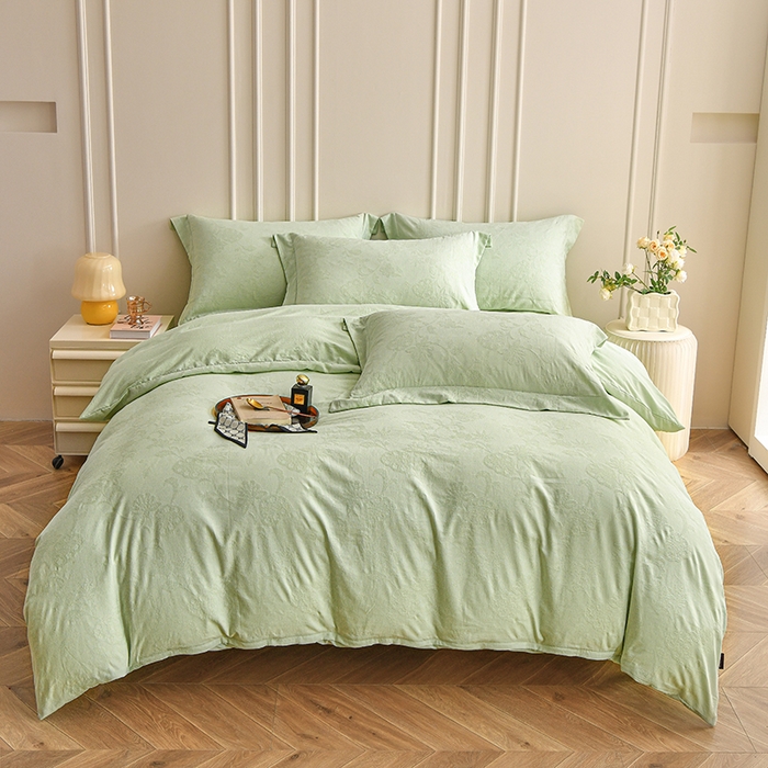 91家纺网 家纺一手货源 找家纺 金艾草 2024新款水洗全棉浮雕提花床盖四件套 罗曼-浅绿