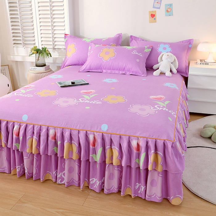 91家纺网 家纺一手货源 找家纺 艾橙 2024新款140克植物羊绒双边单床裙 春晓西岸（紫）