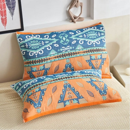 91家纺网 家纺一手货源 找家纺 朴尔毛巾被 2024年民族风彩棉系列四层纱布枕巾 旧金山橘52*78cm/一对