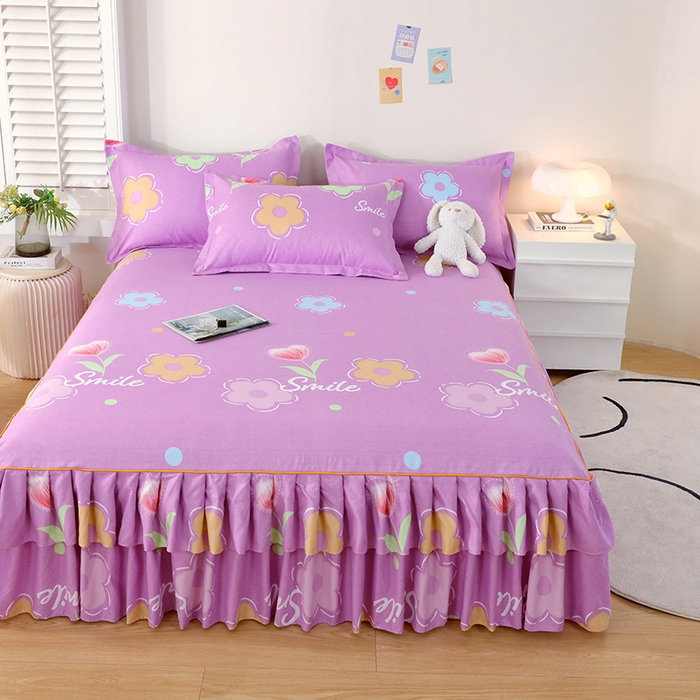 91家纺网 家纺一手货源 找家纺 艾橙 2024新款140克植物羊绒双边单床裙 春晓西岸（紫）