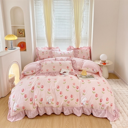 91家纺网 家纺一手货源 找家纺 仟网汇 2024新款韩版糯糯棉花边四件套田园法式 郁金香兔