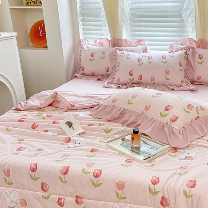 91家纺网 家纺一手货源 找家纺 仟网汇 2024新款韩版糯糯棉花边夏被四件套田园法式 郁金香兔