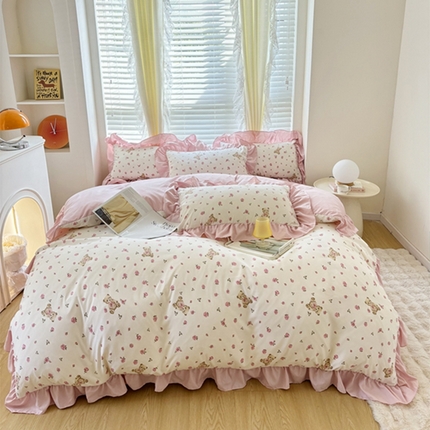 91家纺网 家纺一手货源 找家纺 仟网汇 2024新款韩版糯糯棉花边四件套田园法式 玫瑰熊