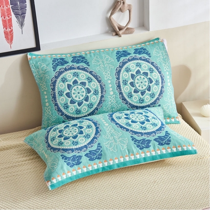 91家纺网 家纺一手货源 找家纺 朴尔毛巾被 2024年民族风彩棉系列四层纱布枕巾 太阳花绿52*78cm/一对