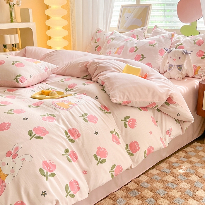 91家纺网 家纺一手货源 找家纺 妖妖家纺 2024新款超柔软糯水洗云朵棉印花四季款四件套 香香兔