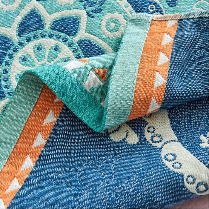 91家纺网 家纺一手货源 找家纺 朴尔毛巾被 2024年民族风彩棉系列四层纱布枕巾 太阳花绿52*78cm/一对