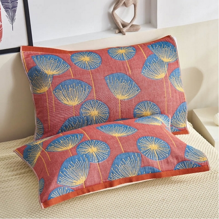 91家纺网 家纺一手货源 找家纺 朴尔毛巾被 2024年民族风彩棉系列四层纱布枕巾 梦幻蒲公英红52*78cm/一对