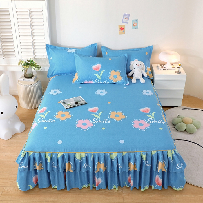 91家纺网 家纺一手货源 找家纺 艾橙 2024新款140克植物羊绒双边单床裙 春晓西岸（蓝）