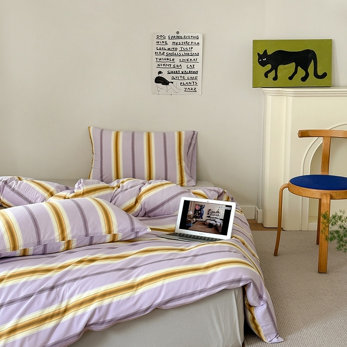 91家纺网 家纺一手货源 找家纺 恋尚羽家纺 2025新款A类母婴级印花全棉针织棉四件套 多彩条