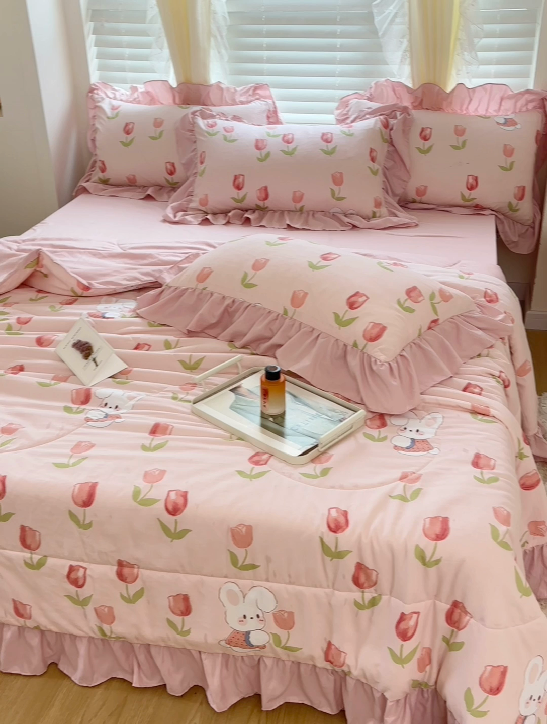 91家纺网 家纺一手货源 找家纺 仟网汇 2024新款韩版糯糯棉花边夏被四件套田园法式 郁金香兔