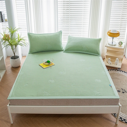 91家纺网 家纺一手货源 找家纺 宜派家纺 2024新款单面凉感席三件套-夏日玫瑰 夏日玫瑰-绿