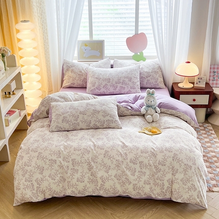 妖妖家纺 2024新款超柔软糯水洗云朵棉印花四季款四件套 紫烨