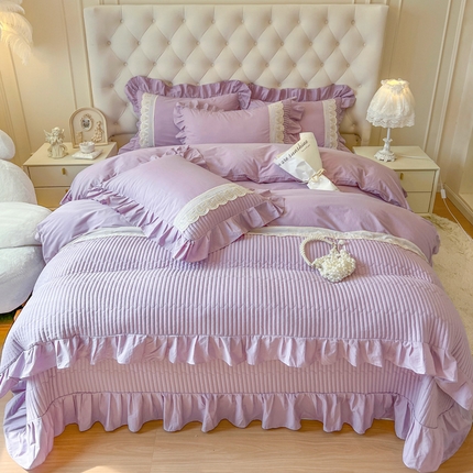 91家纺网 家纺一手货源 找家纺 乐朵家居 法派甜心 全棉水洗棉夹棉床盖四件套VS床单款四件套 紫