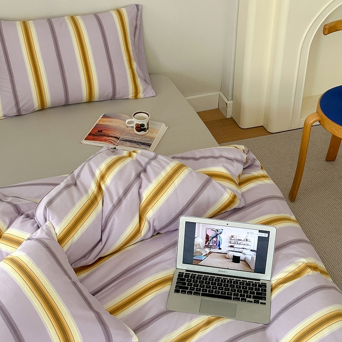 91家纺网 家纺一手货源 找家纺 恋尚羽家纺 2025新款A类母婴级印花全棉针织棉四件套 多彩条