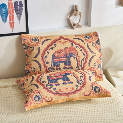 91家纺网 家纺一手货源 找家纺 朴尔毛巾被 2024年民族风彩棉系列四层纱布枕巾 印象派黄52*78cm/一对