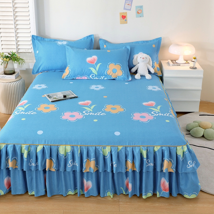 91家纺网 家纺一手货源 找家纺 艾橙 2024新款140克植物羊绒双边单床裙 春晓西岸（蓝）