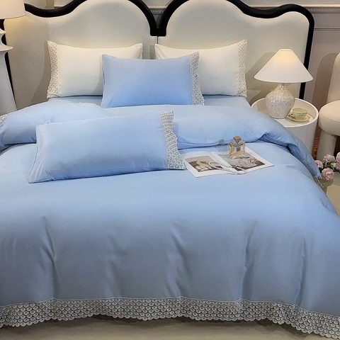 91家纺网 家纺一手货源 找家纺 艾米家居 2025水洗真丝鱼鳞边艾琳系列 艾琳天蓝