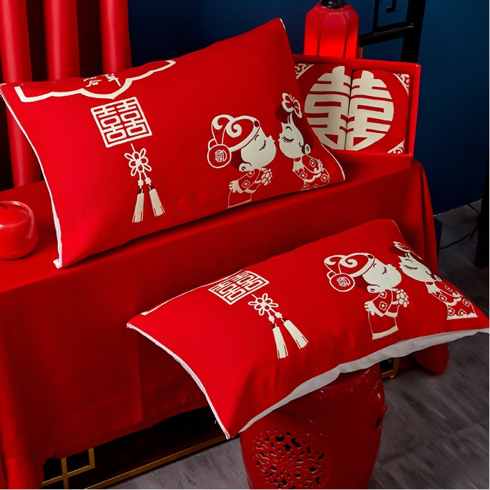 91家纺网 家纺一手货源 找家纺 朴尔家纺-毛巾被 2024年婚庆系列大红四层纱布枕巾 称心如意 52*78/对