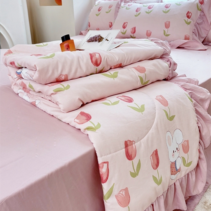 91家纺网 家纺一手货源 找家纺 仟网汇 2024新款韩版糯糯棉花边夏被四件套田园法式 郁金香兔