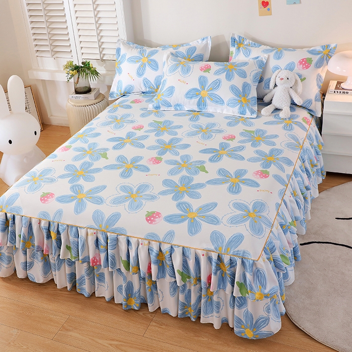 91家纺网 家纺一手货源 找家纺 艾橙 2024新款140克植物羊绒双边单床裙 草莓花海