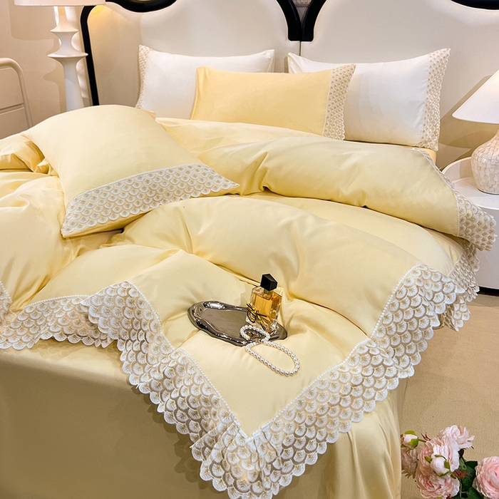 91家纺网 家纺一手货源 找家纺 艾米家居 2025水洗真丝鱼鳞边艾琳系列 艾琳黄