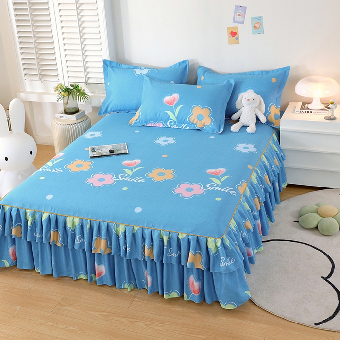 91家纺网 家纺一手货源 找家纺 艾橙 2024新款140克植物羊绒双边单床裙 春晓西岸（蓝）