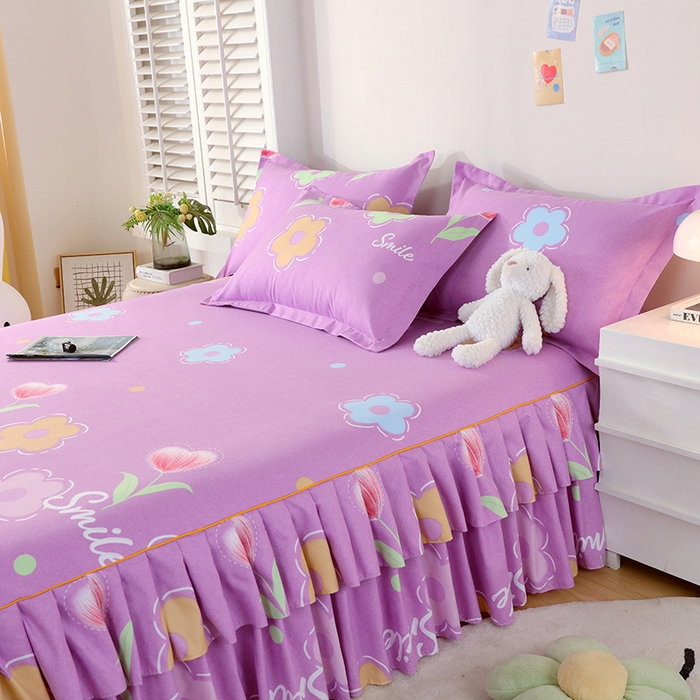 91家纺网 家纺一手货源 找家纺 艾橙 2024新款140克植物羊绒双边单床裙 春晓西岸（紫）