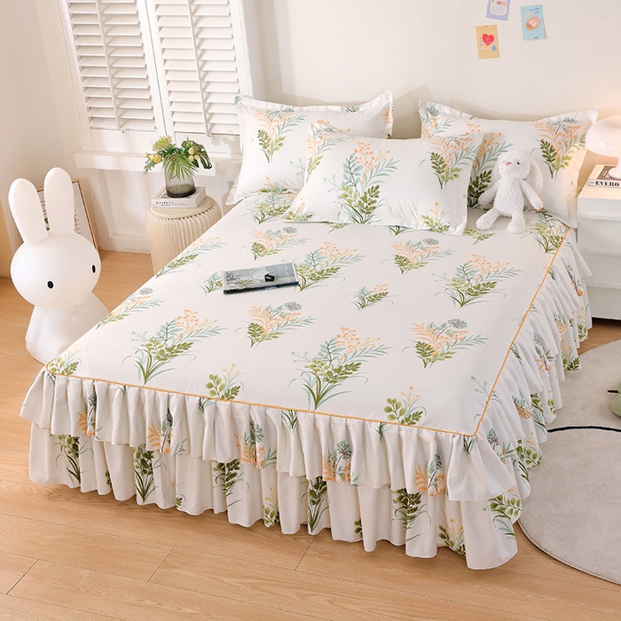 91家纺网 家纺一手货源 找家纺 艾橙 2024新款140克植物羊绒双边单床裙 斐叶花影