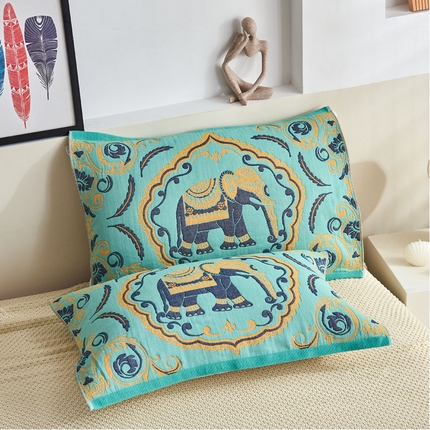 91家纺网 家纺一手货源 找家纺 朴尔毛巾被 2024年民族风彩棉系列四层纱布枕巾 印象派绿52*78cm/一对