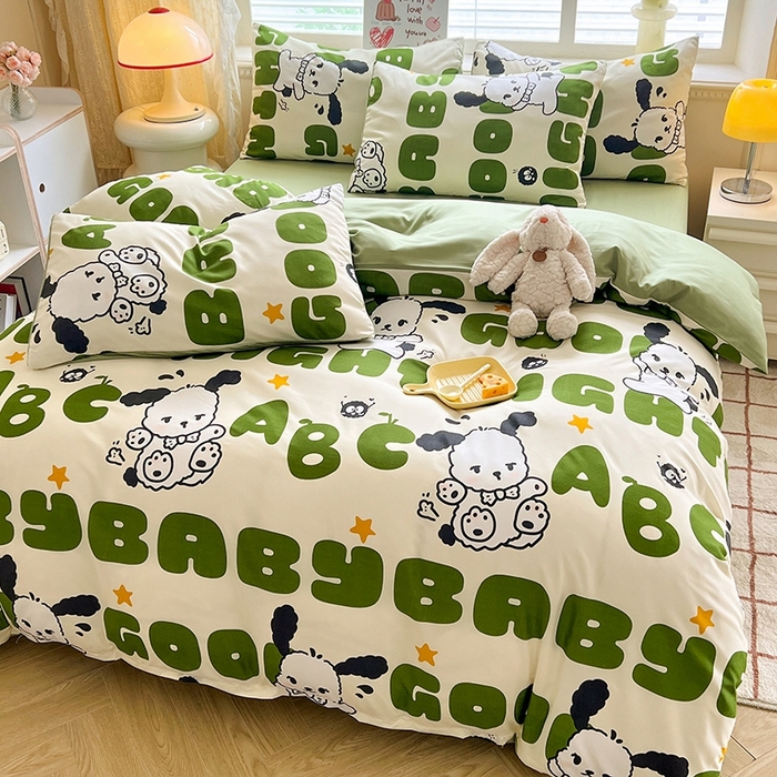 91家纺网 家纺一手货源 找家纺 妖妖家纺 2024新款超柔软糯水洗云朵棉印花四季款四件套 字母狗