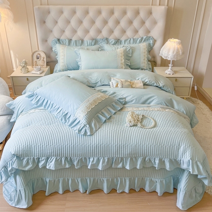 91家纺网 家纺一手货源 找家纺 乐朵家居 2025春夏 法派甜心 全棉水洗棉夹棉床盖四件套VS床单款四件套 蓝