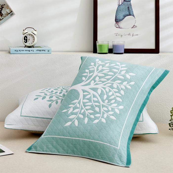 91家纺网 家纺一手货源 找家纺 朴尔家纺 2024新款混纺三层纱布枕巾 幸运树-深绿 52*78/对