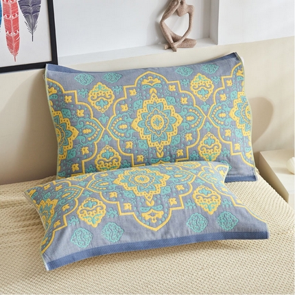 91家纺网 家纺一手货源 找家纺 朴尔毛巾被 2024年民族风彩棉系列四层纱布枕巾 普罗旺斯-绿52*78cm/一对