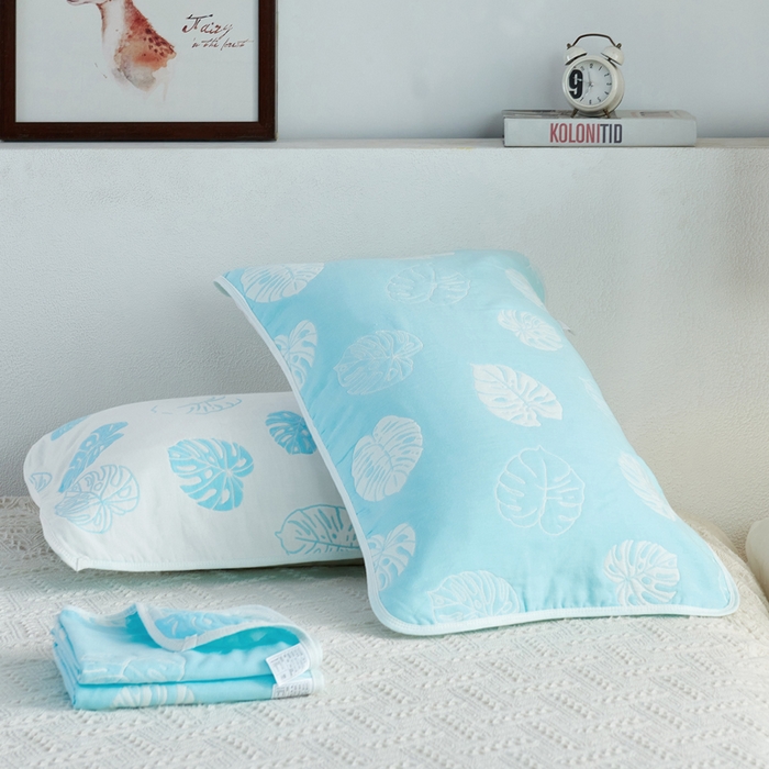 91家纺网 家纺一手货源 找家纺 朴尔2024新款六层纱布全棉循环小花型枕巾50*80cm一对 芭蕉情缘兰枕巾