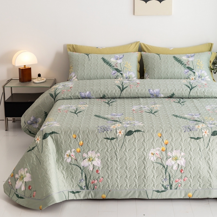 91家纺网 家纺一手货源 找家纺 优乐家纺 2025新款纯棉床盖三件套/单件 晗蕊初开-绿